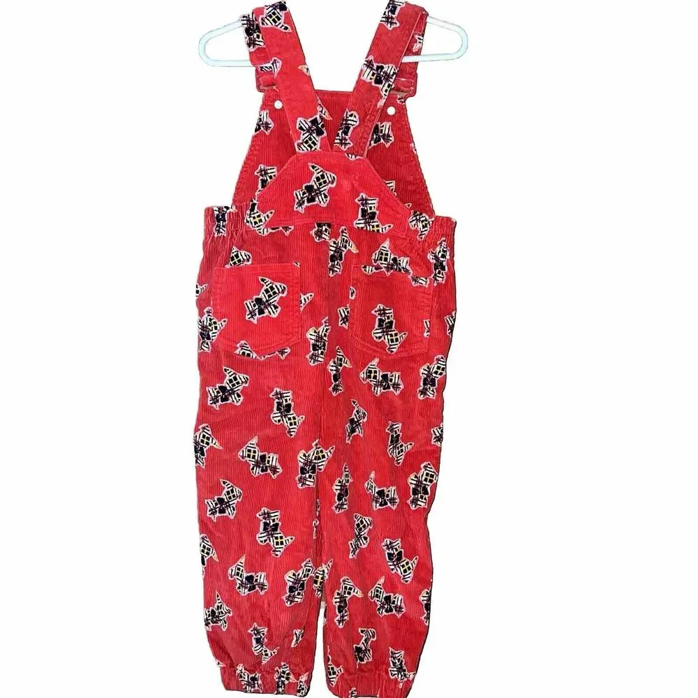 Vintage Happy Kids Red Corduroy Dog Print Overalls Child Size 4T